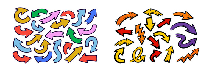 Set of colorful hand-drawn doodle arrows in various shapes and directions, ideal for creative design accents and infographics.