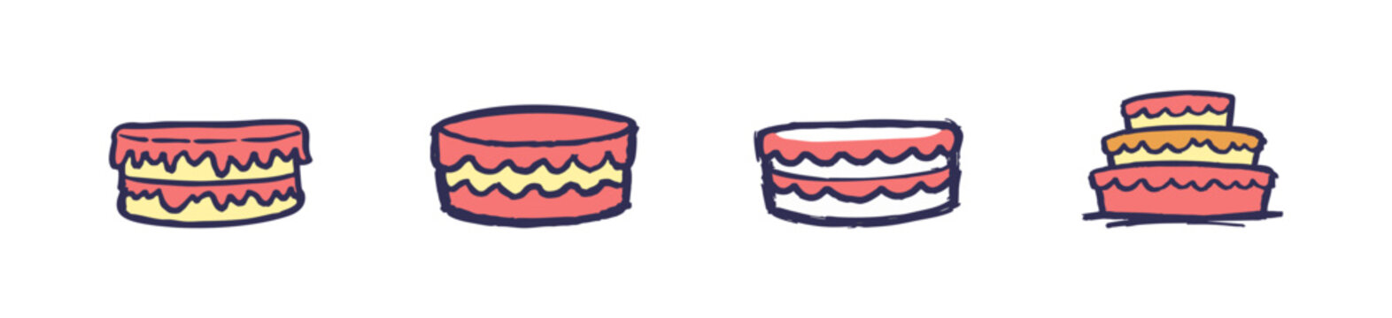 Set of cute hand-drawn cake illustrations in a whimsical doodle style with pink and yellow frosting, including layer cakes and a tiered wedding cake.