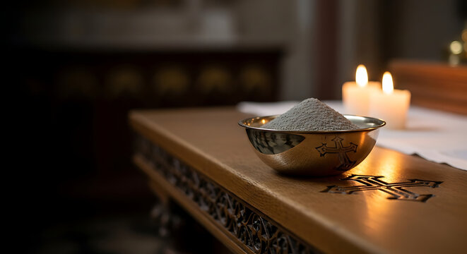 Close-up of ashes in small ceremonial bowl on church altar, candlelight reflections, symbolic religious still life photography, on Wednesday Ashes