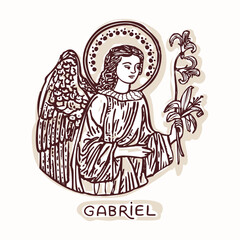 Fototapeta premium Angel Gabriel with wings and holding lily flowers for annunciation motif. Hand drawn black and white vector motif for bible study aesthetic for women journaling archangel gabriel faith graphic pic