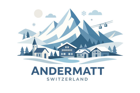 andermatt switzerland,alpine village illustration,mountain scenery concept,winter travel design,clean modern