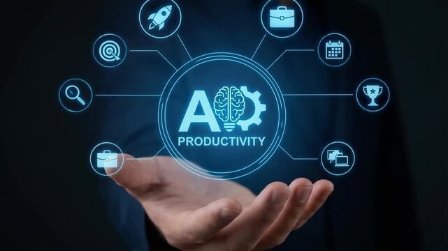 AI productivity concept. artificial intelligence icon floating above hand, symbolizing efficiency, smart automation, digital workflow optimization, time management, and business growth.