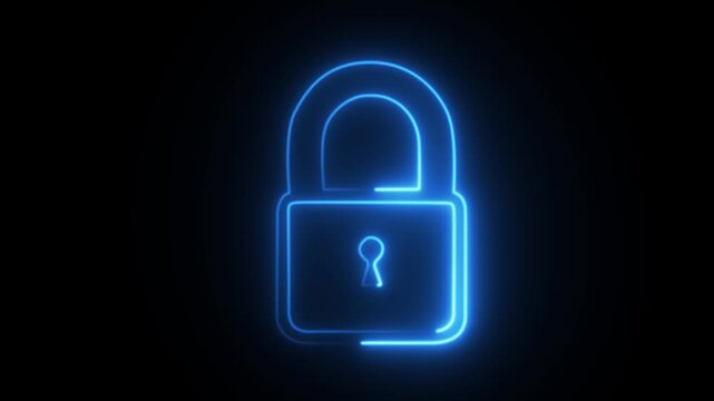 glowing neon lock animation icon security privacy password protection safety animated on black background.