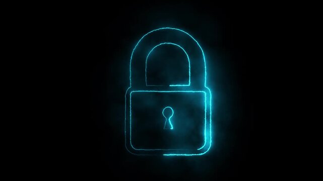 glowing neon lock animation icon security privacy password protection safety animated on black background.