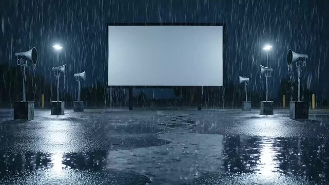 Outdoor Cinema Drive In Movie Theater in Heavy Rain Dark Urban Scene Projection Screen Wet Pavement Reflective Surface Dramatic Lighting
