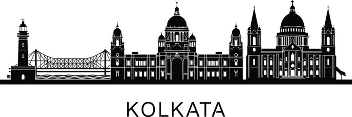 Black silhouette of Kolkata India skyline featuring Howrah Bridge Victoria Memorial and Dakshineswar Kali Temple landmarks vector illustration design © Bappi