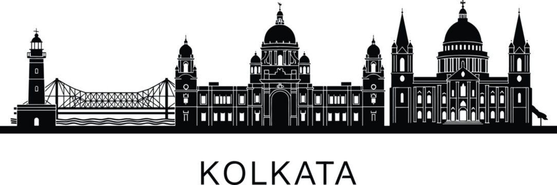 Black silhouette of Kolkata India skyline featuring Howrah Bridge Victoria Memorial and Dakshineswar Kali Temple landmarks vector illustration design