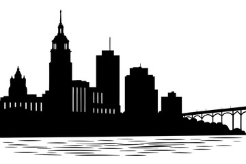 Obraz premium Vector silhouette landscape of city skyline at horizon, flat vector style, solid black buildings, clean edges, minimalist composition, no texture, isolated on white background