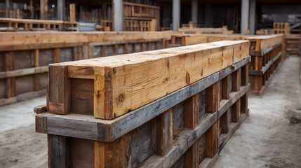 Wooden formwork structures are meticulously arranged on a construction site awaiting concrete pouring for structural development