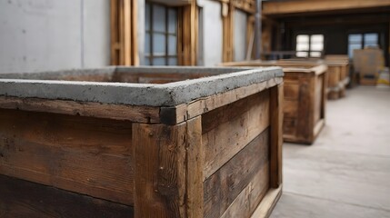Rustic wooden planters with raw concrete tops in a construction workshop setting