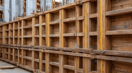 Wooden formwork and timber molds for concrete walls are erected on an industrial construction site showcasing the building process