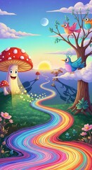 Naklejka premium Whimsical fantasy landscape features anthropomorphic fungus and brightly colored birds near a vibrant, winding pathway