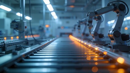 Obraz premium Robotic arms on conveyor line in factory