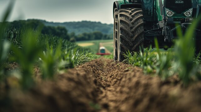 Tractor wheel moving along crop rows in field. Agricultural machinery working close to soil. Modern farming equipment during crop cultivation. Machinery farm operations in sustainable agriculture.