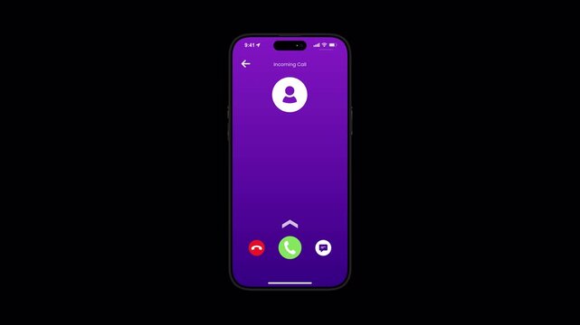 Incoming call smartphone UI 2D animation of a phone receiving a call and answering by swipe up with transparent background alpha channel in 4K resolution