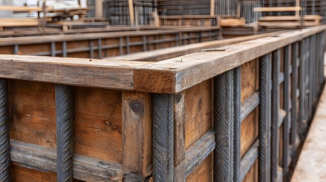 Wooden formwork and steel rebar for a concrete foundation at a construction site
