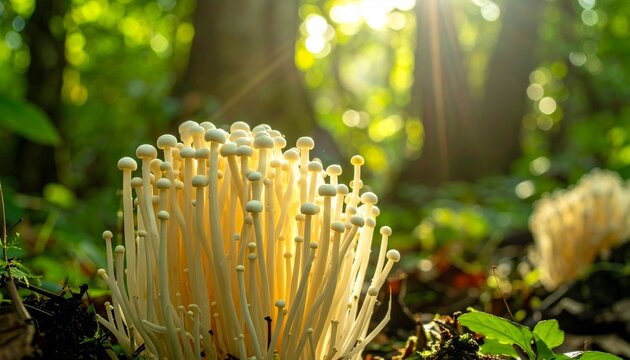 Close up of wild enoki mushrooms growing naturally in forest habitat, delicate white fungi clusters on woodland floor, organic edible mushrooms, macro nature detail