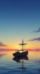 Solitary small sailing vessel floats peacefully upon calm water during twilight