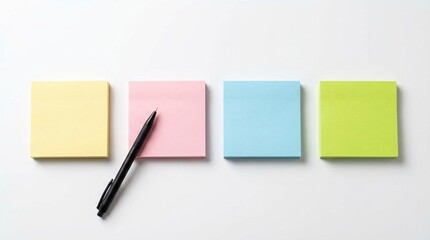 sticky notes colorful office supplies pen planning organization blank on white background for minimalist business productivity list making and task management reminder copy space