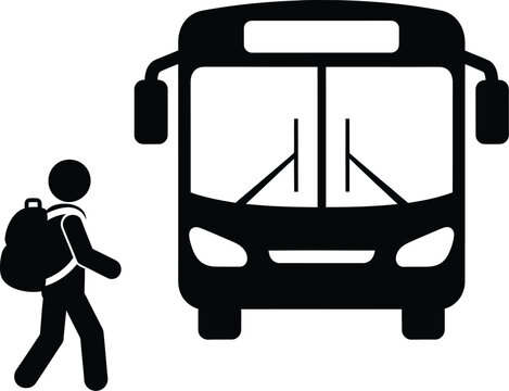 School bus stop icon with student carrying backpack silhouette vector graphic