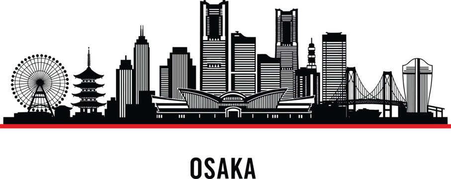 Detailed Osaka city skyline silhouette with Umeda Sky Building and traditional pagoda for Japan travel and urban branding vector