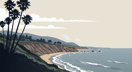 Scenic Vector Illustration of a California Coastal Landscape with Palm Trees, Sandy Beach, and Ocean Waves under a Serene Sky © PDWN Creative