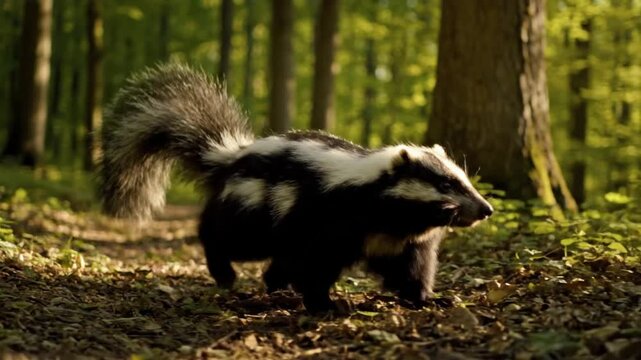 Observe a wild badger navigating a sun-dappled forest floor, its striking black and white fur contrasting with the vibrant green foliage. Discover nature's beauty.