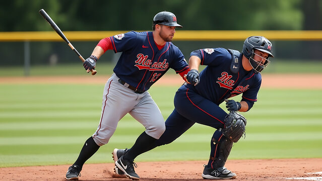 Baseball player running to first base with catcher.