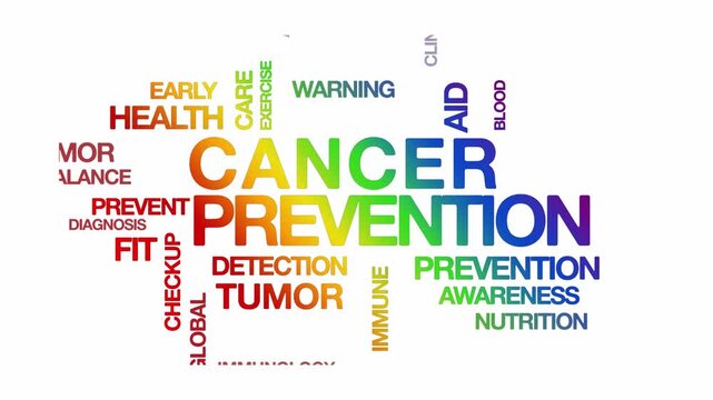 cancer prevention concept Animated Tag Word Cloud kinetic typography, Text Design Animation typography seamless loop video motion graphics Intro Wordart rainbow type on white background bg backdrop