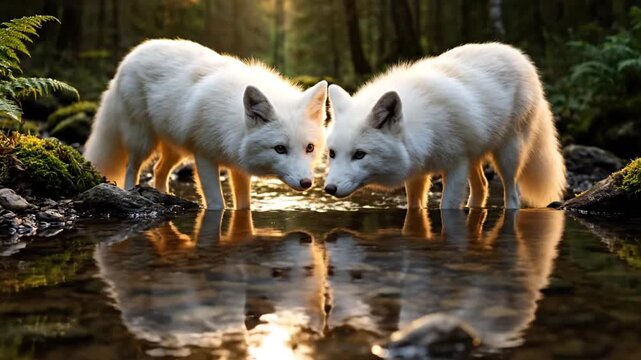 Two beautiful white foxes drink from a tranquil forest stream at sunset, their reflections shimmering in the clear water, capturing a serene moment in nature.