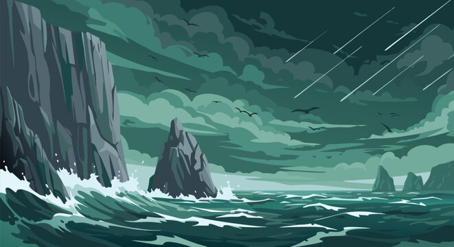 Dynamic vector illustration of a powerful ocean storm with towering cliffs, crashing waves, and a dramatic meteor shower creating an intense, stylized natural scene