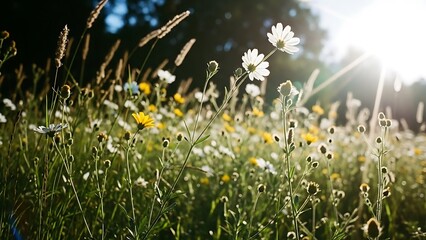Sunlit wildflowers swaying gently in a lush green meadow