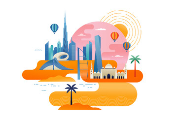 Naklejka premium Dubai skyline illustration. United Arab Emirates cityscape design