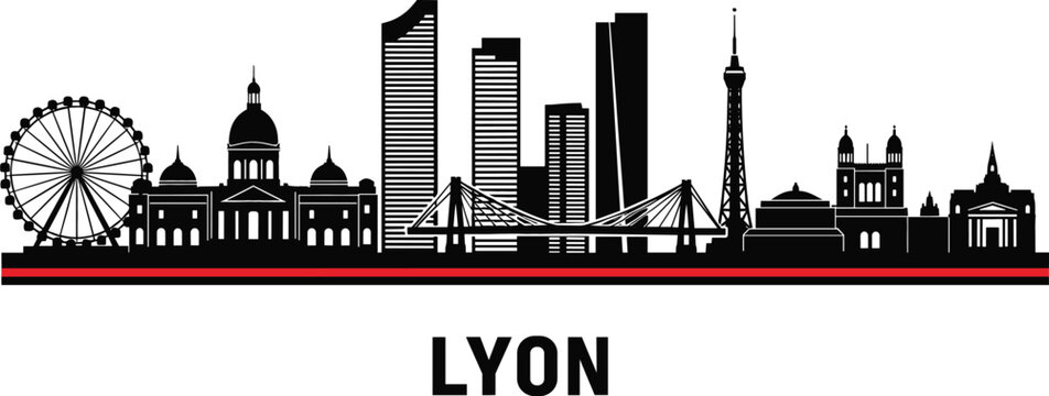 Detailed Lyon city skyline silhouette with Notre-Dame de Fourvi&egrave;re and modern skyscrapers for France travel and urban branding vector