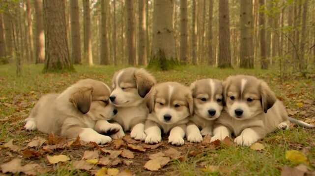 dog puppies resting quietly on the forest floor, lying close together on soft fallen leaves and grass, relaxed body language. video