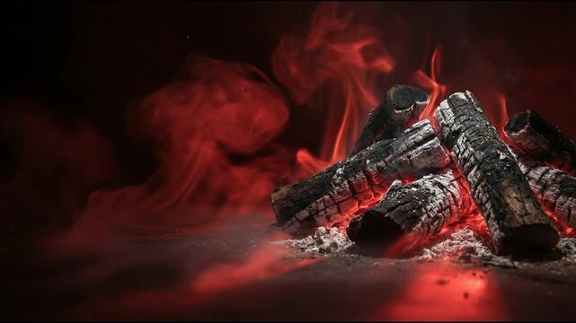 Close-up seamless loop of smoldering charcoal logs. Burning wood with hot red embers and rising dramatic smoke. Dark abstract background for fire and danger concepts.
