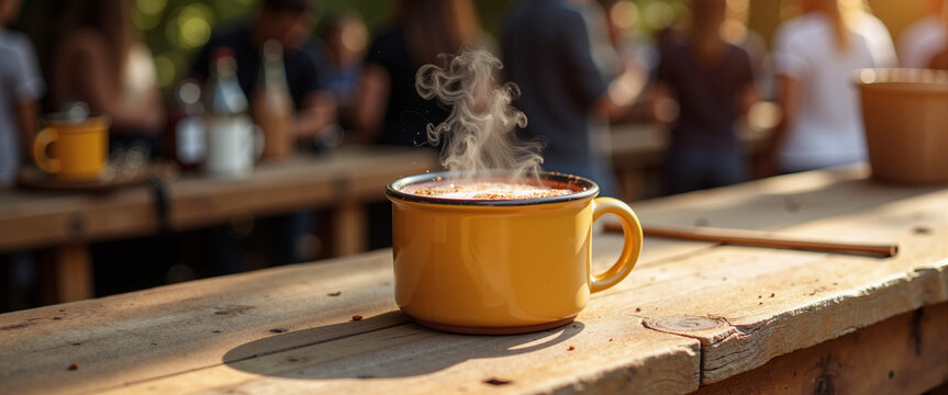 Yellow mug with steaming hot beverage on wooden table at fair  