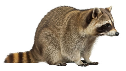 Isolated Raccoon Standing Looking Right, Showing Its Furry Coat and Striped Tail and Mask © Maria