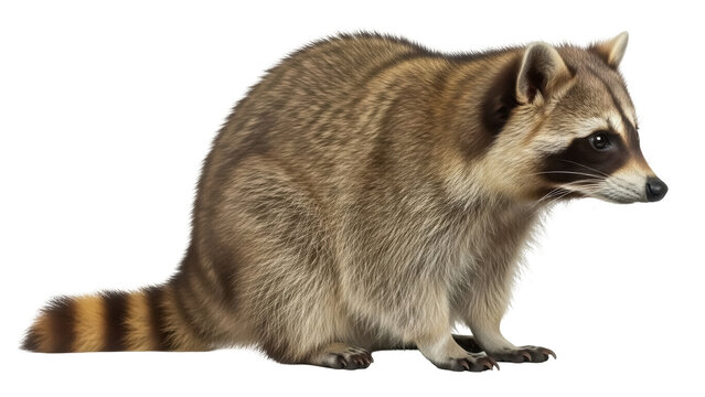 Isolated Raccoon Standing Looking Right, Showing Its Furry Coat and Striped Tail and Mask