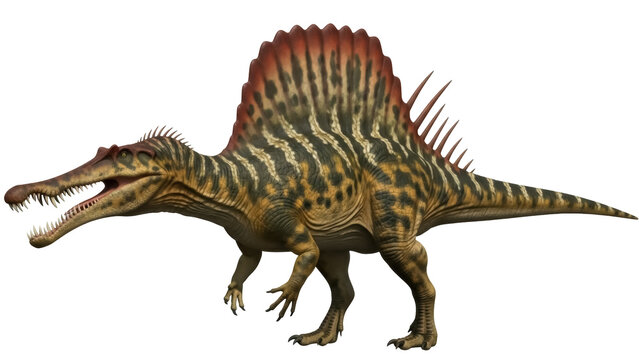Isolated Spinosaurus dinosaur walking, prehistoric wildlife species predator carnivore era
