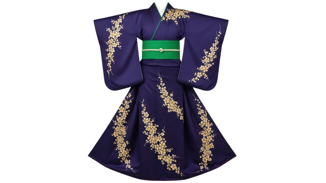 Isolated silk kimono robe with yellow floral pattern and green belt for women fashion