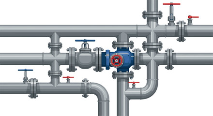 Complex Industrial Pipeline System with Blue and Red Valves and Interconnected Metal Pipes Flat Illustration