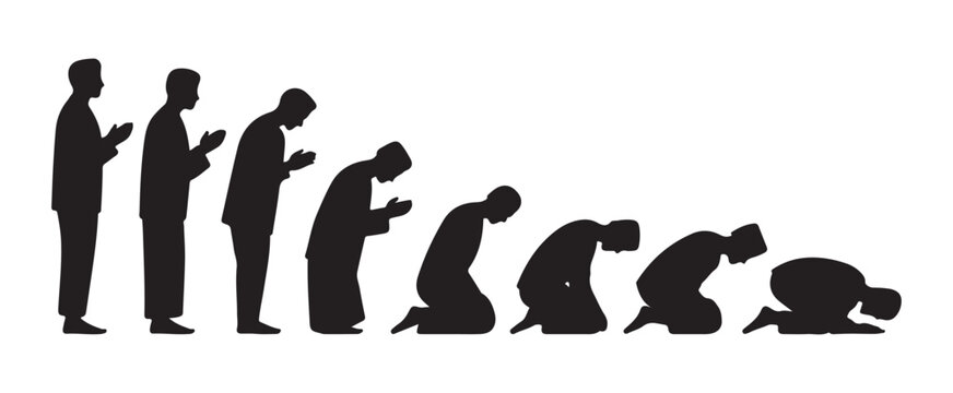 Stages of muslim man prayer, step by step silhouette of a man performing salah or namaz worship