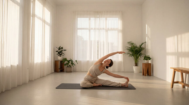 A woman practices a seated side-stretch yoga pose on a mat in a bright, minimalist sunlit room with potted plants and soft natural light.
