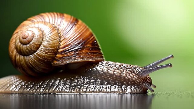 Macro Close Up of Brown Snail Crawling on Green Surface, Detailed Spiral Shell and Textured Body, Slow Moving Gastropod in Natural Environme