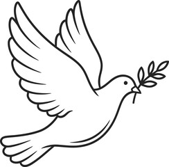 Obraz premium Black and white illustration of a flying dove holding an olive branch in its beak