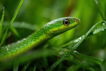 Fototapeta premium Close-up photograph of a vivid emerald-green snake winding through fresh grass in warm daylight