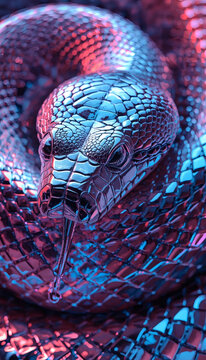 Vertical Macro Close-Up of a Coiled Snake with Reflective Chrome Scales and Glowing Neon Details (generative ai)