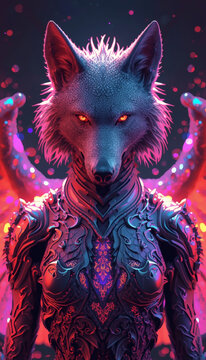 Vertical Close-Up of a Futuristic Surreal Wolf-Dragon Hybrid with Bioluminescent Armor (generative ai)