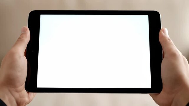 Pov close-up of hands holding a modern horizontal tablet with a bright white screen against a neutral indoor background.